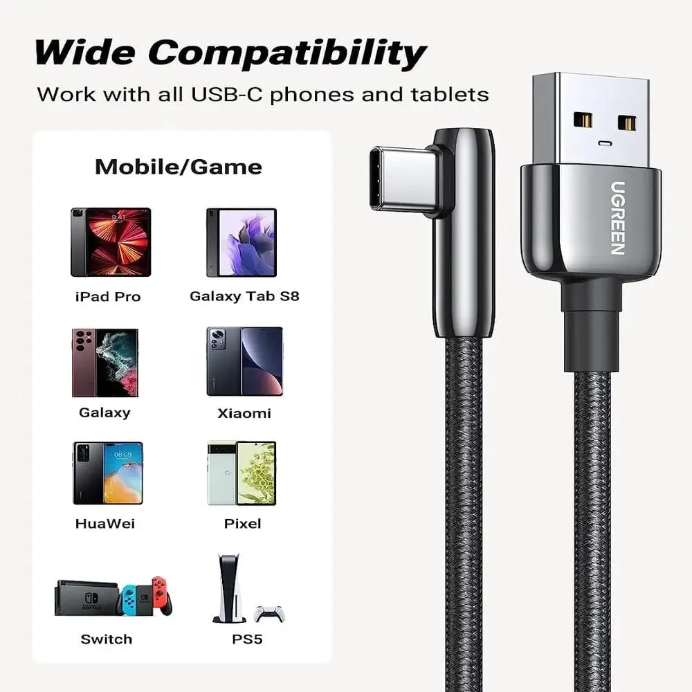 UGREEN 1m USB A 2.0 Right Angle  90 Degree Male to Usb C Male Braided Cable with Zinc Alloy Shell Compatible for Samsung Galaxy S10 S10e S9 Plus Note 9 8, LG G8 G7 V40 V20 V30, Moto Z Z3, Nintendo Switch etc. (70413)