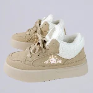 Ultra Chunky Beige Bear Plush Lined Sneakers - Women's