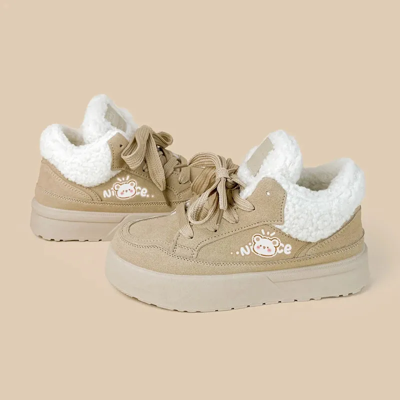 Ultra Chunky Beige Bear Plush Lined Sneakers - Women's