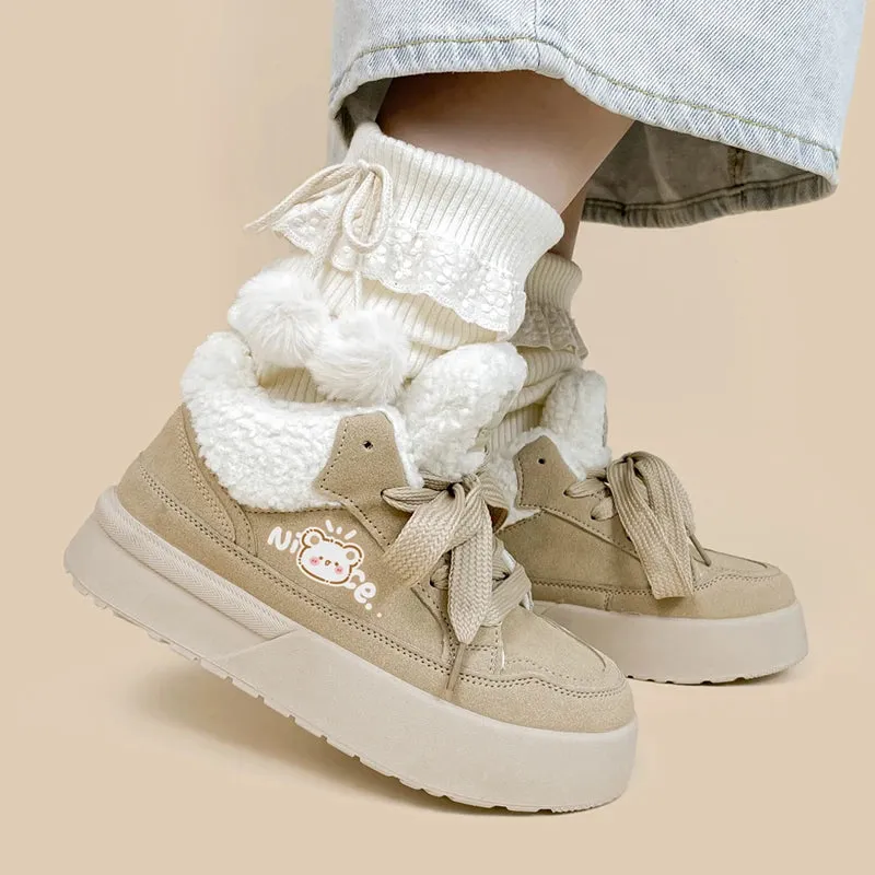 Ultra Chunky Beige Bear Plush Lined Sneakers - Women's