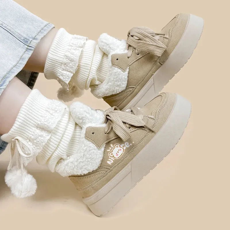 Ultra Chunky Beige Bear Plush Lined Sneakers - Women's