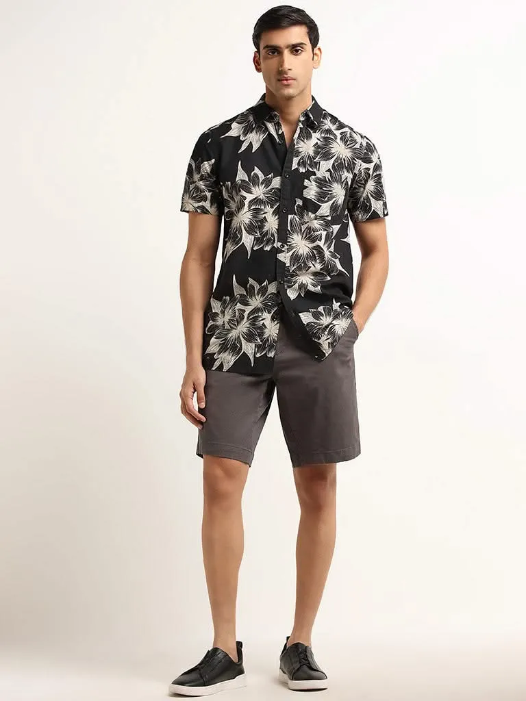 WES Casuals Black Floral Printed Cotton Slim Fit Shirt