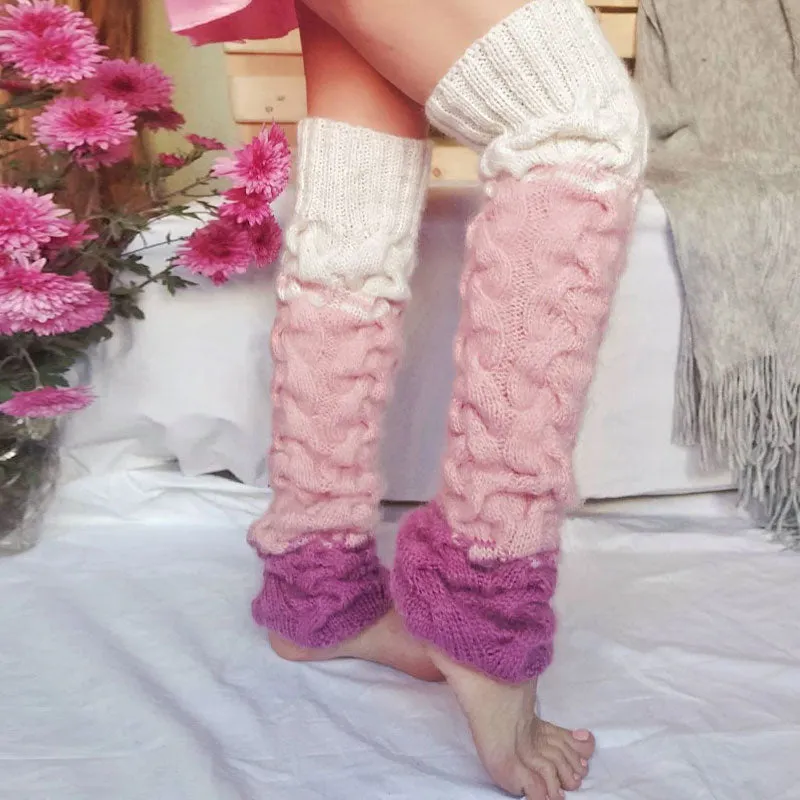 Winter Slouchy Color Block Thigh High Chunky Cable Knit Pink Leg Warmers