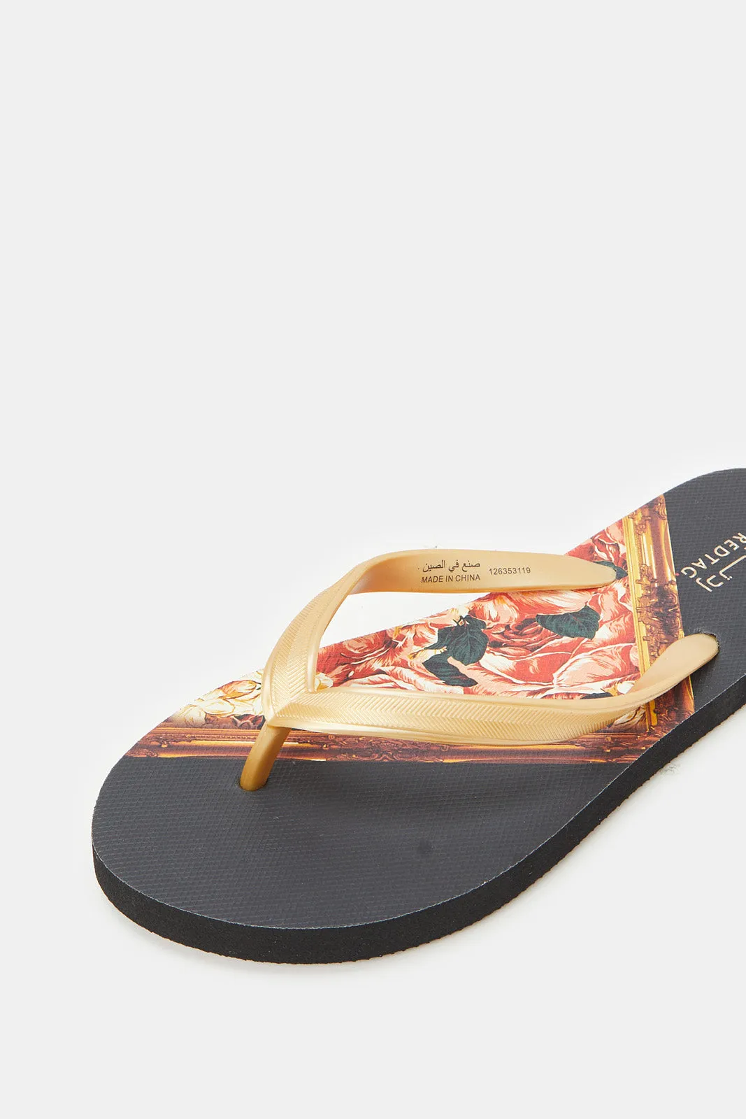 Women Gold Flip Flop With Frame Print