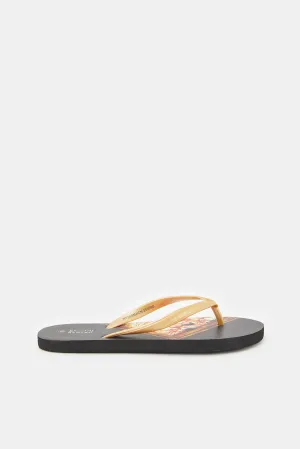 Women Gold Flip Flop With Frame Print