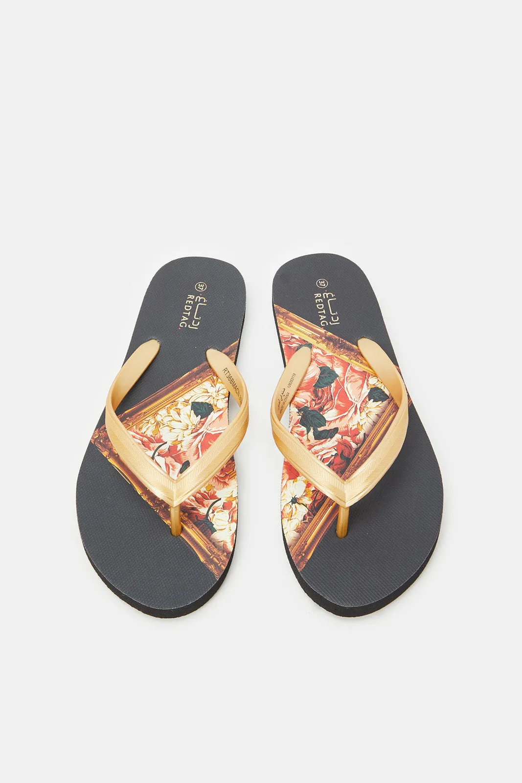 Women Gold Flip Flop With Frame Print