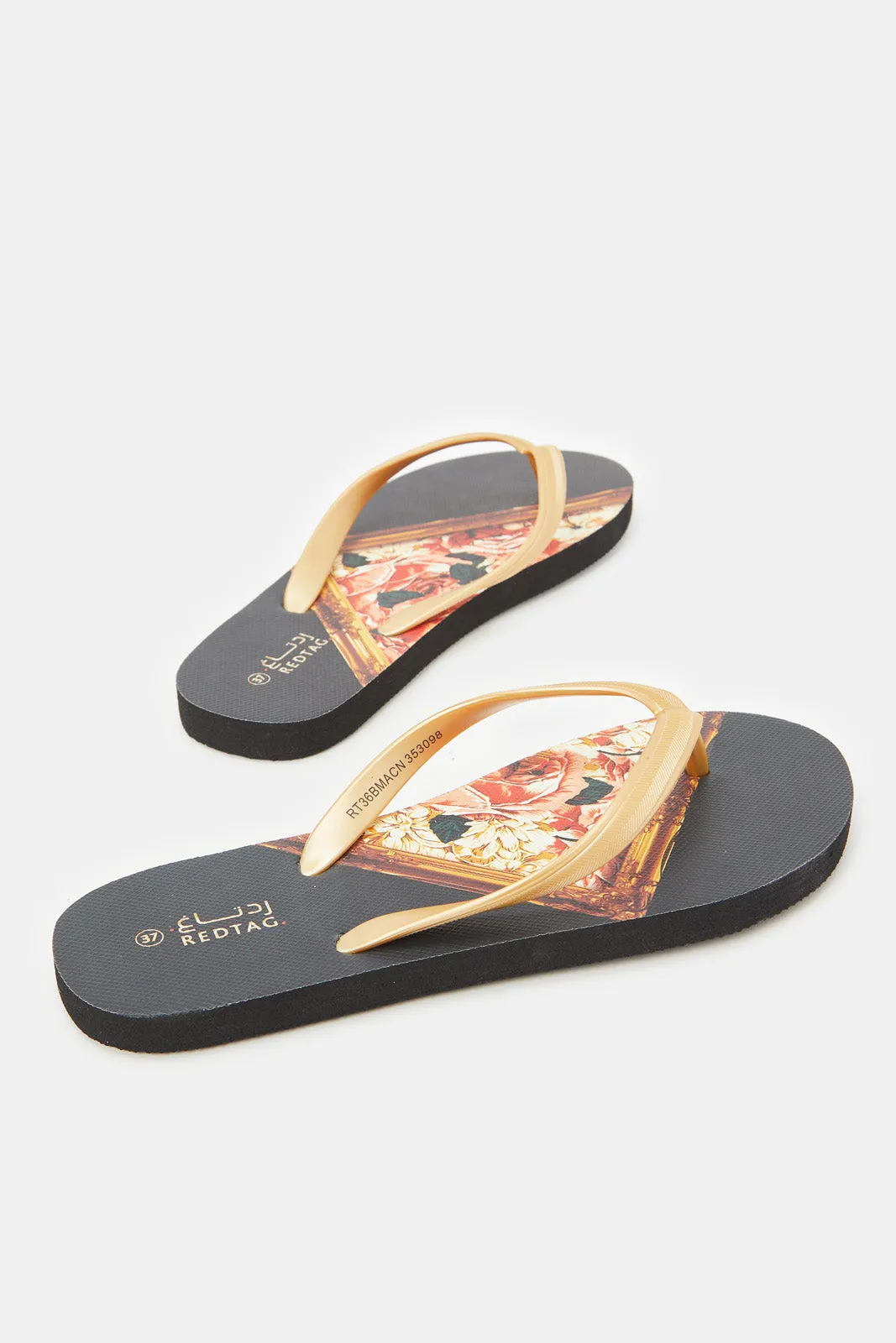 Women Gold Flip Flop With Frame Print