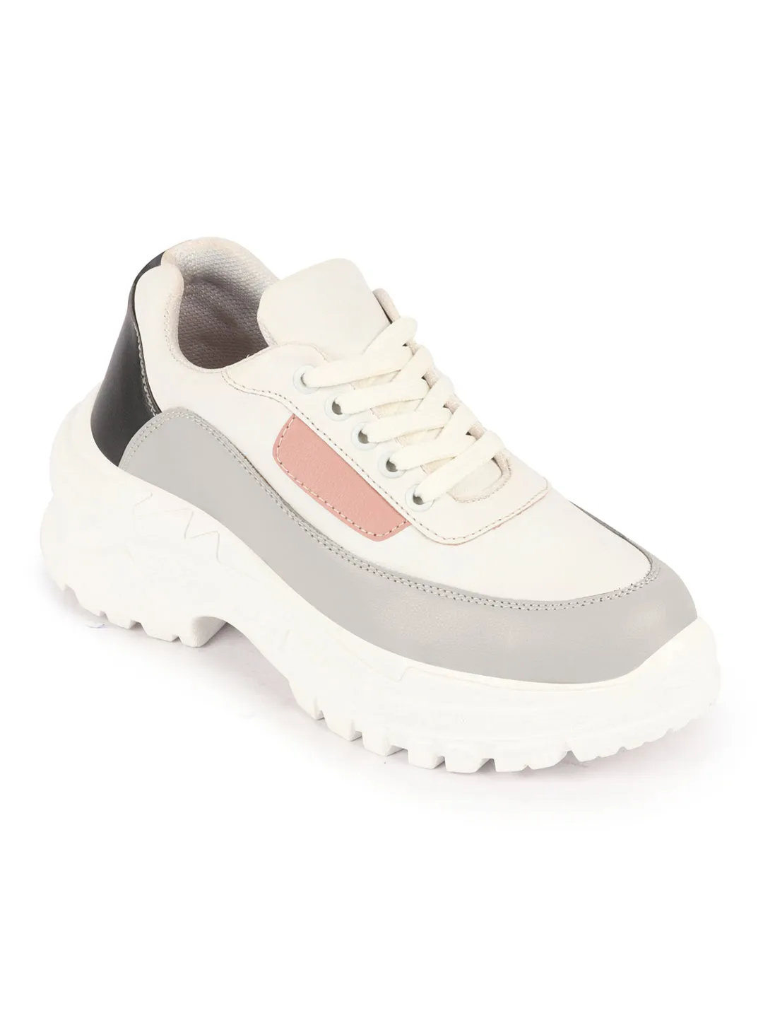 Women Grey Colorblocked Casual Lace Up Sneaker Shoes