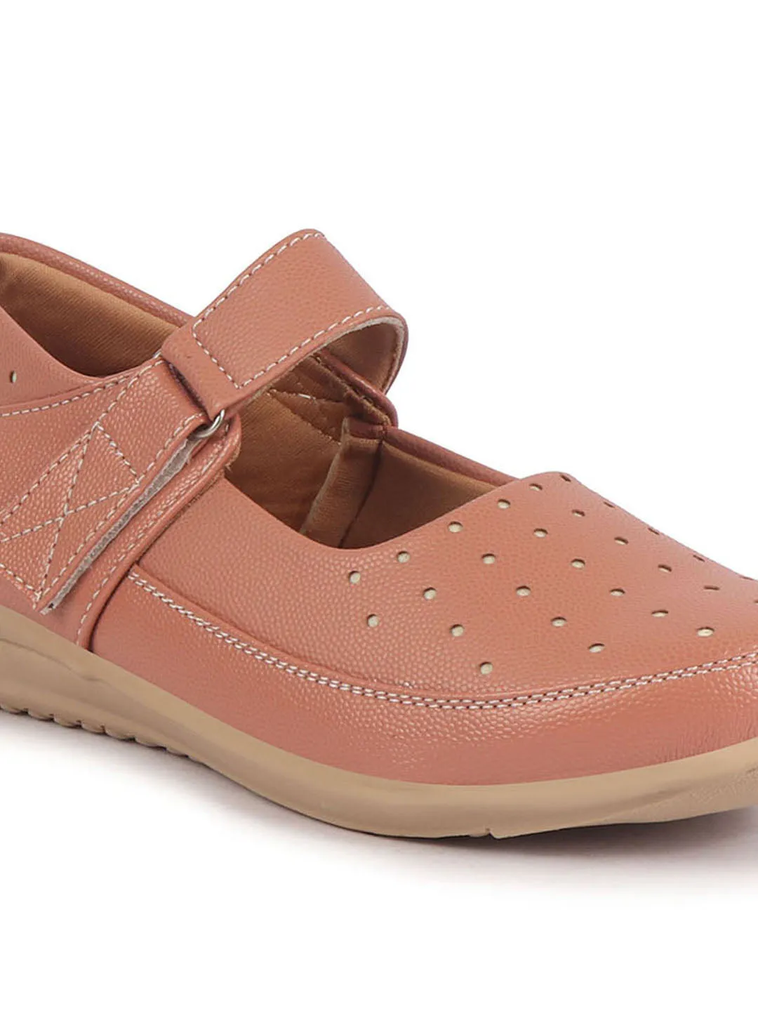 Women Peach Adjustable Strap Hook and Loop Round Toe Slip On Shoes|Casual Shoe|Office Shoe|Comfortable Shoe