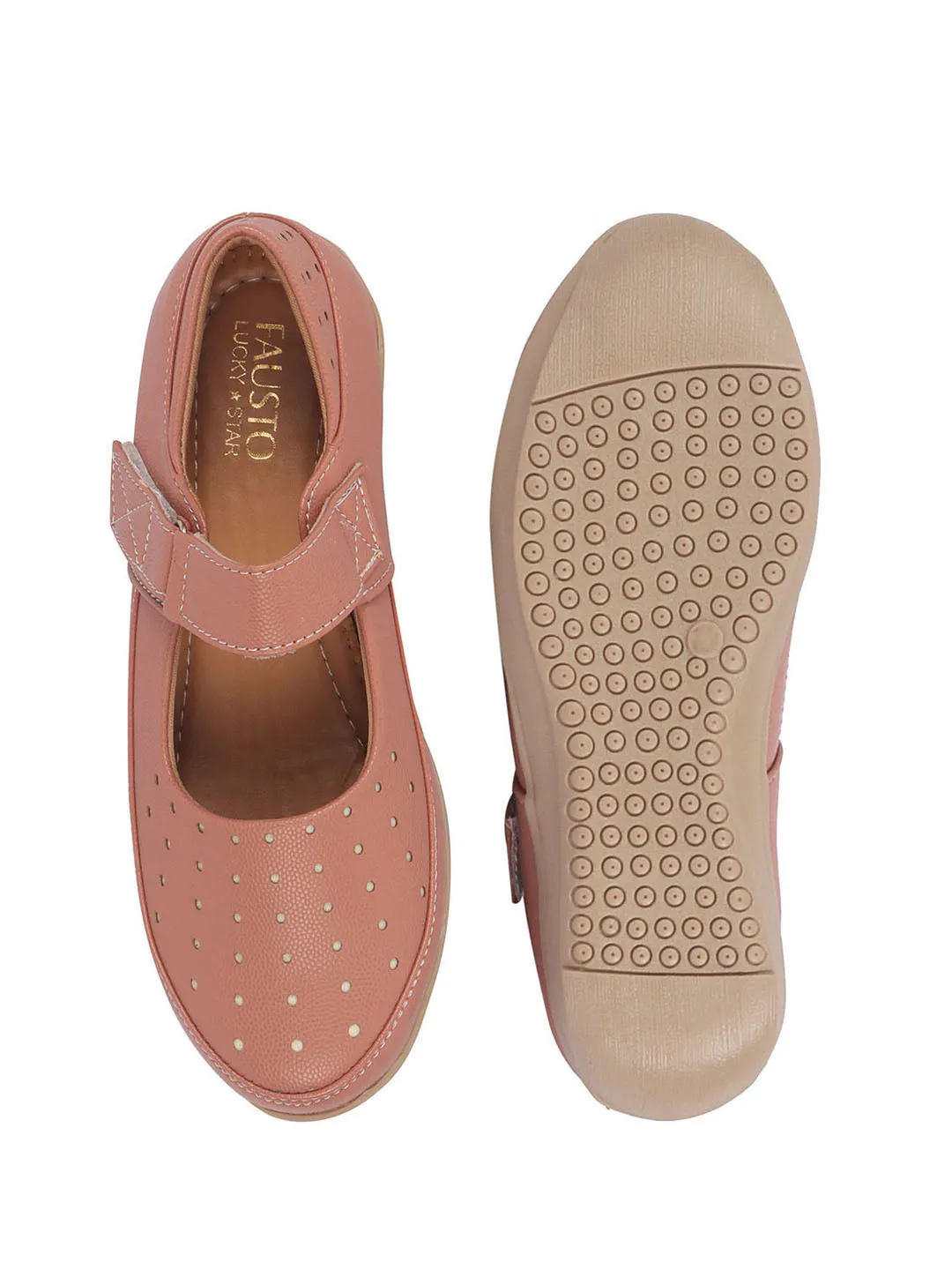 Women Peach Adjustable Strap Hook and Loop Round Toe Slip On Shoes|Casual Shoe|Office Shoe|Comfortable Shoe