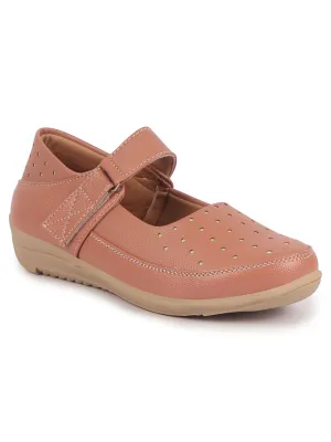 Women Peach Adjustable Strap Hook and Loop Round Toe Slip On Shoes|Casual Shoe|Office Shoe|Comfortable Shoe