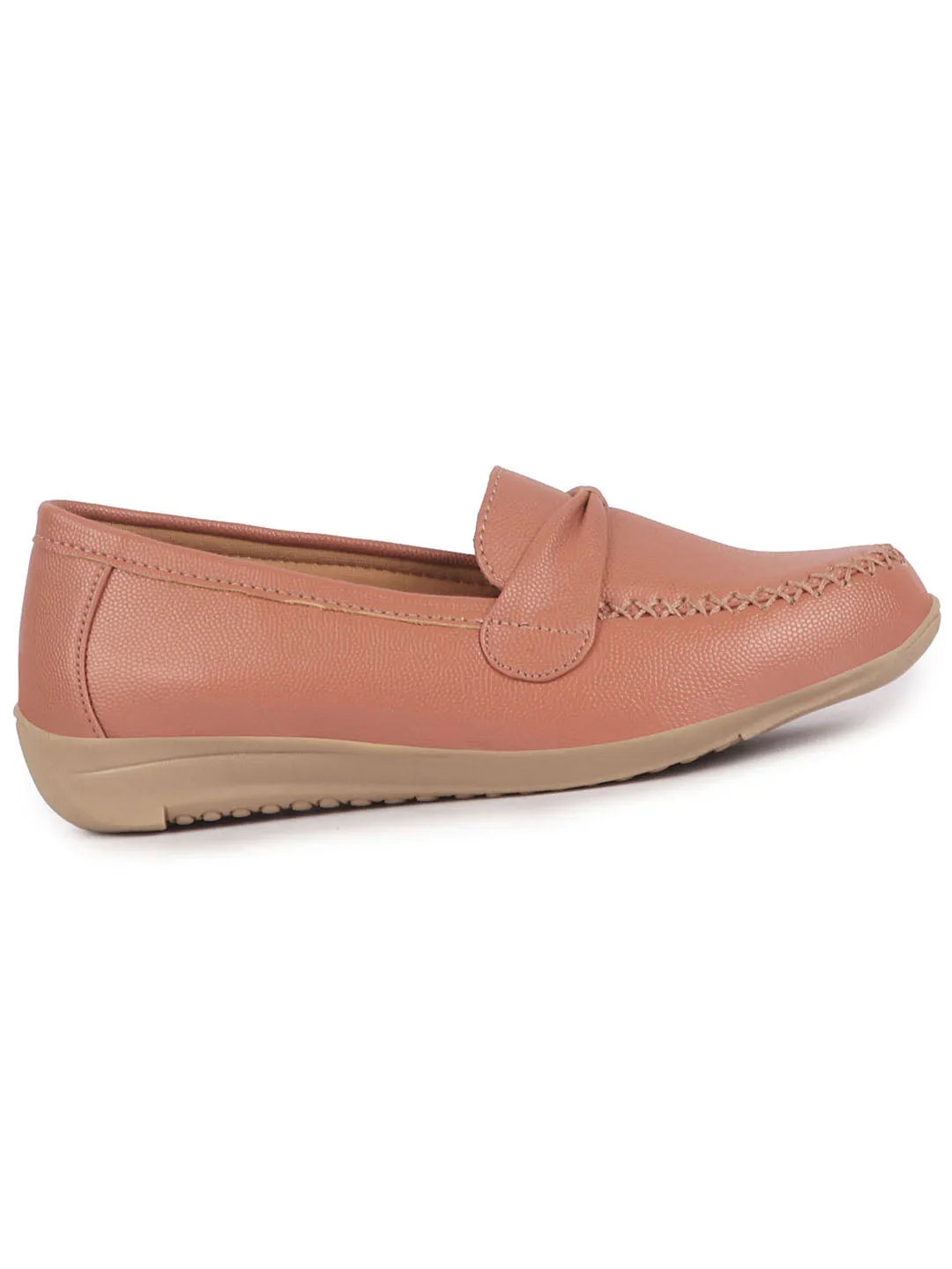 Women Peach Dress Formal Stitched Tie Buckle Strap Slip On Shoes|Memory Cushion Insole|Pull On Shoe|Office Shoe