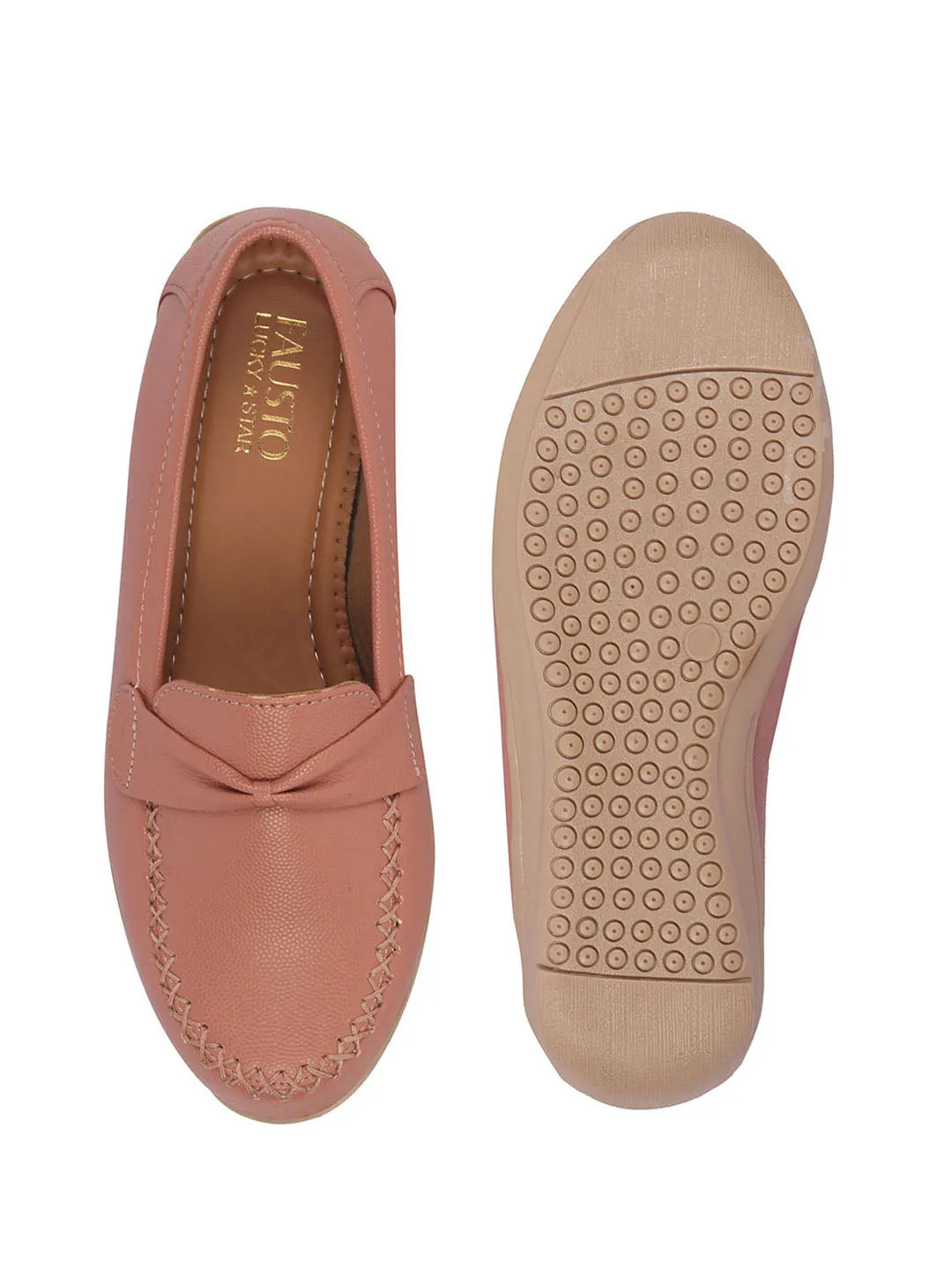 Women Peach Dress Formal Stitched Tie Buckle Strap Slip On Shoes|Memory Cushion Insole|Pull On Shoe|Office Shoe