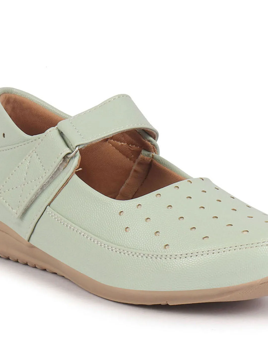 Women Pista Green Adjustable Strap Hook and Loop Round Toe Slip On Shoes|Casual Shoe|Office Shoe|Comfortable Shoe