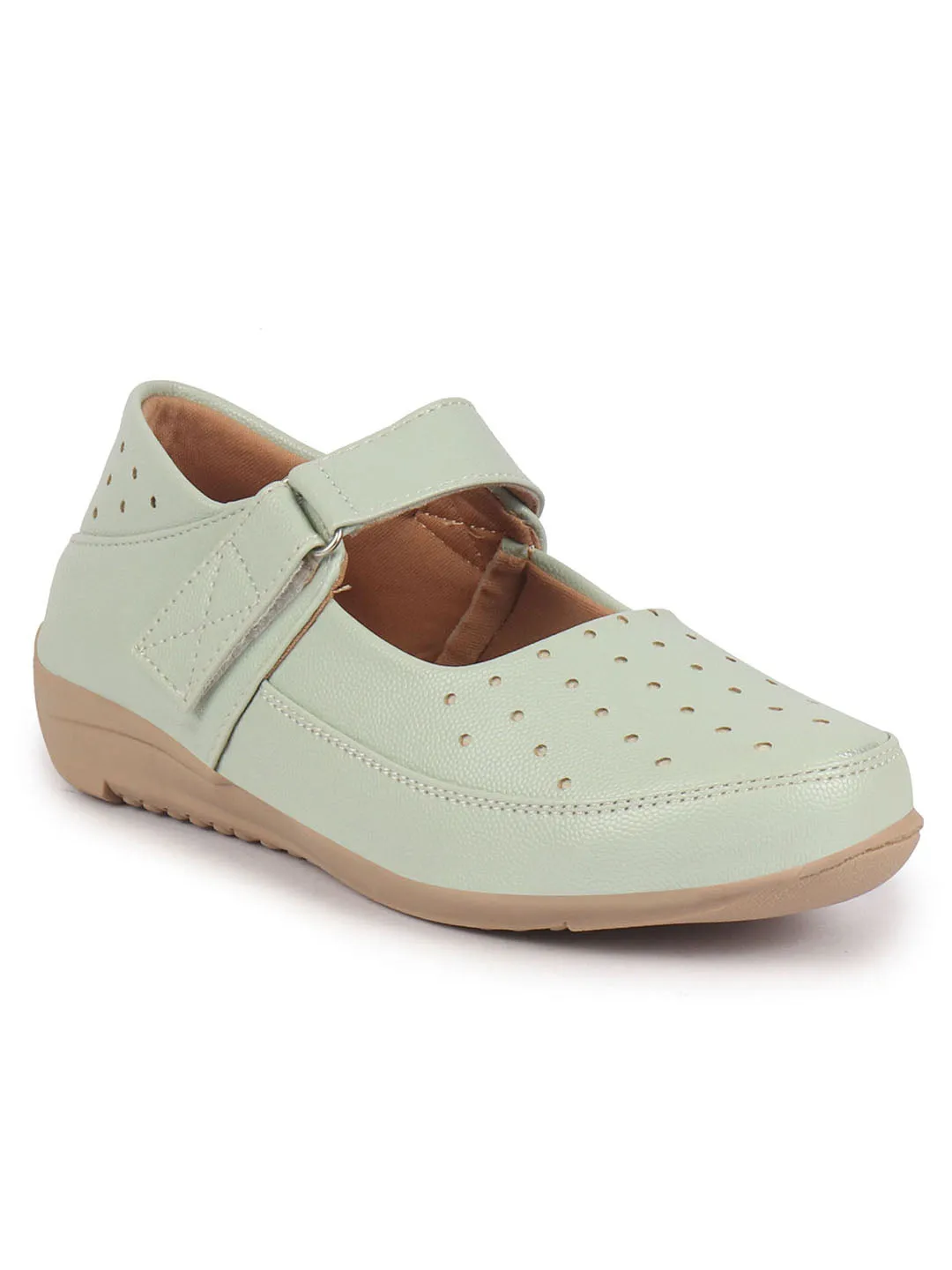 Women Pista Green Adjustable Strap Hook and Loop Round Toe Slip On Shoes|Casual Shoe|Office Shoe|Comfortable Shoe