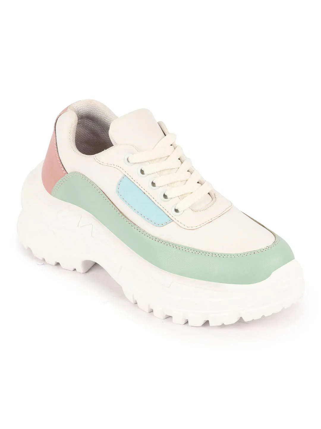 Women Pista Green Colorblocked Casual Lace Up Sneaker Shoes