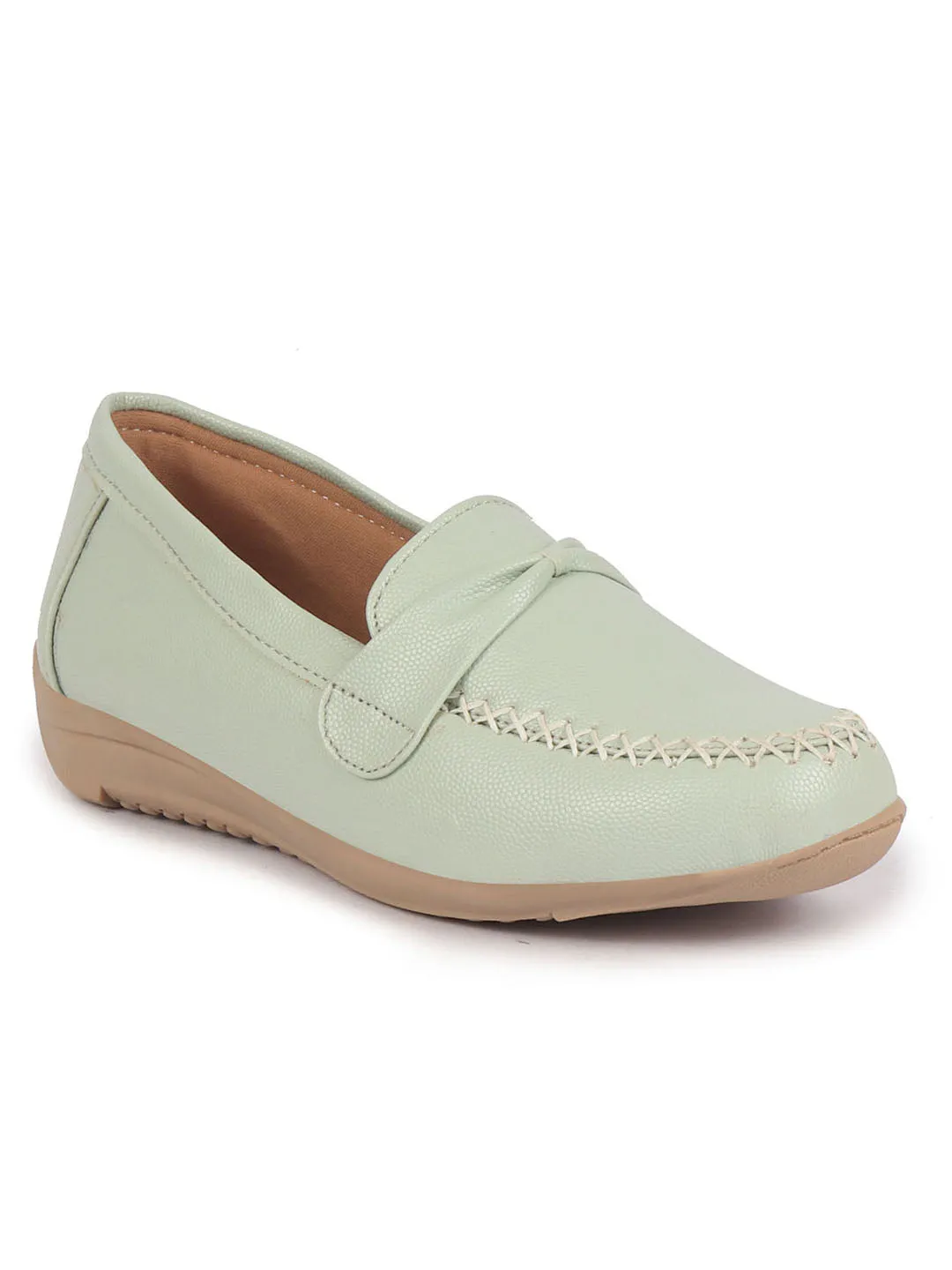 Women Pista Green Dress Formal Stitched Tie Buckle Strap Slip On Shoes|Memory Cushion Insole|Pull On Shoe|Office Shoe