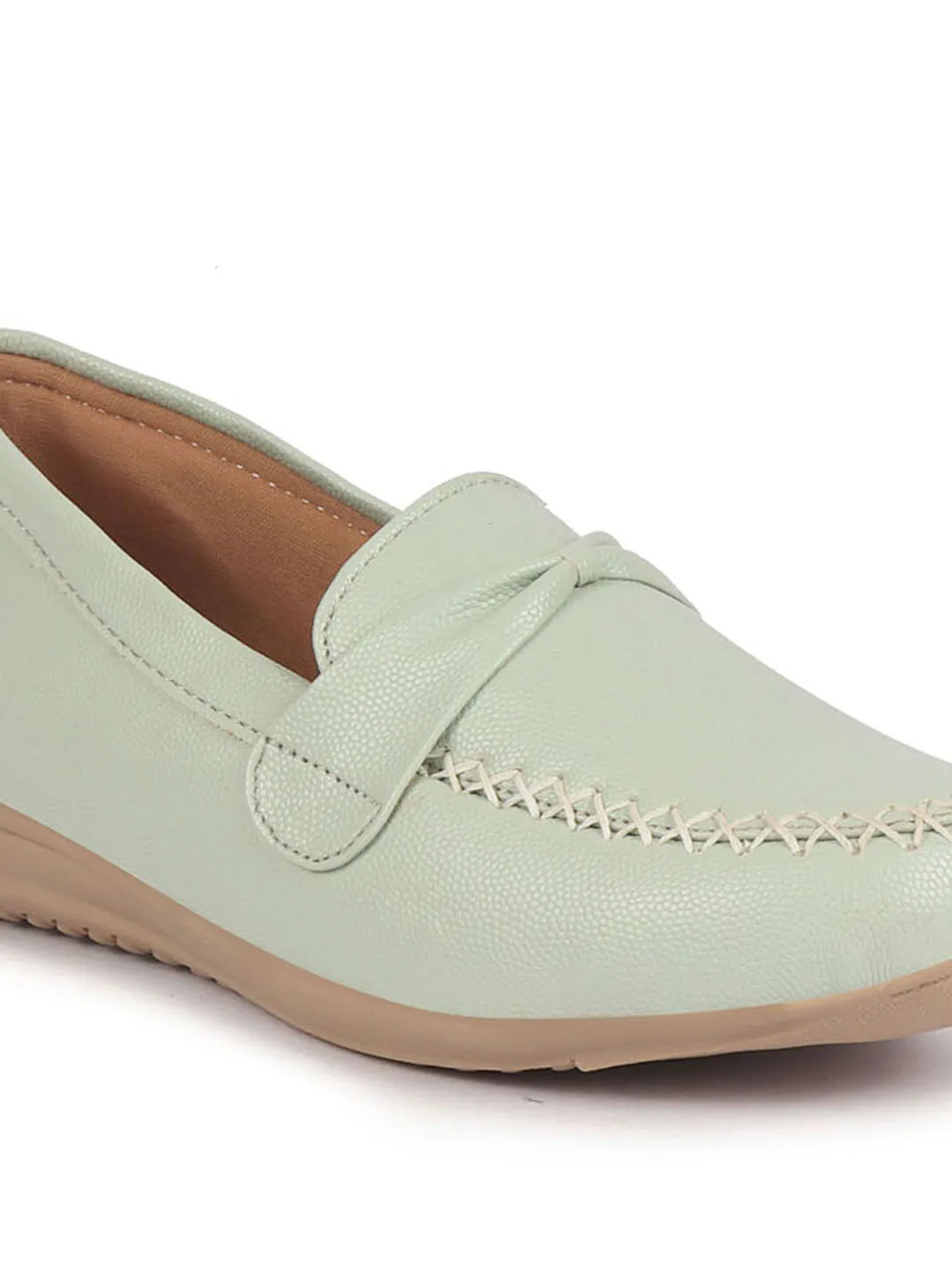 Women Pista Green Dress Formal Stitched Tie Buckle Strap Slip On Shoes|Memory Cushion Insole|Pull On Shoe|Office Shoe