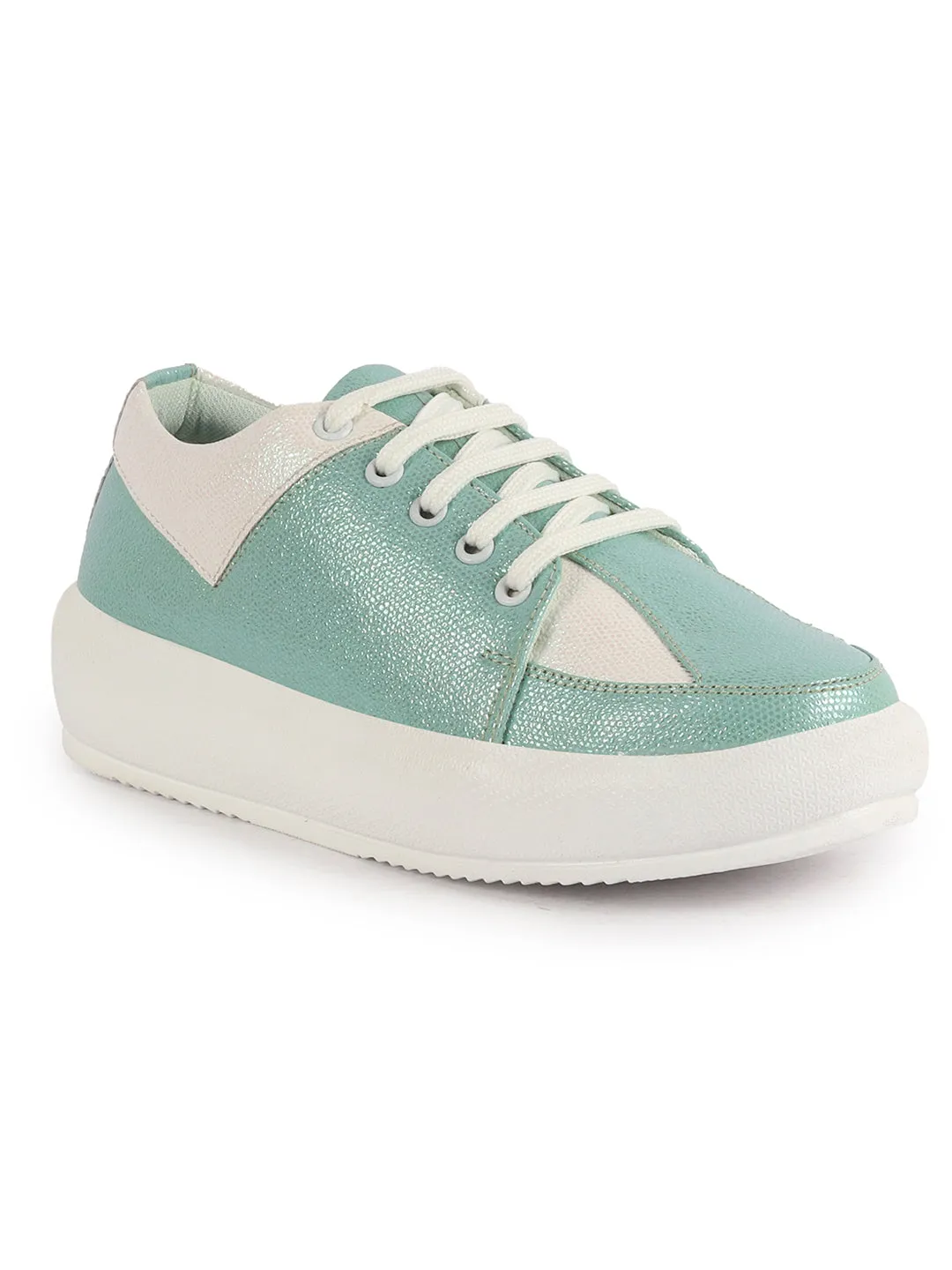 Women Pista Green Lightweight Height Enhancer Chunky Lace-Up Sneakers|Memory Cushion Insole|Evening Party Shoe