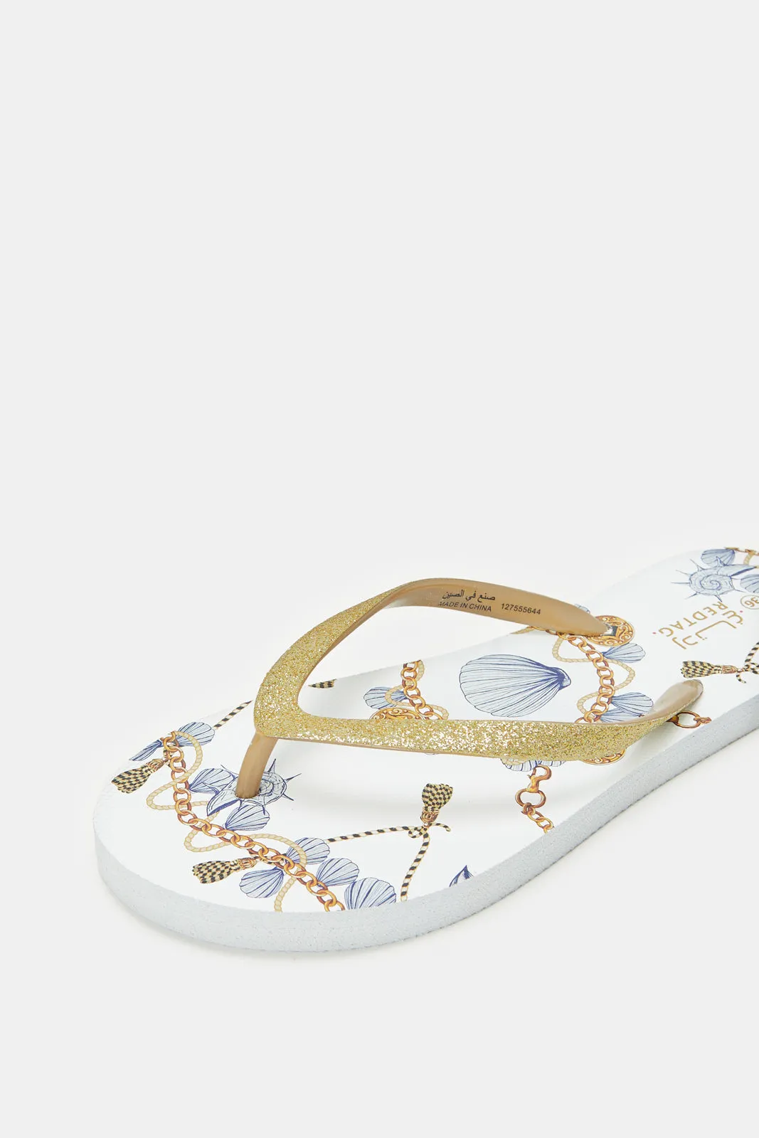 Women White And Gold Printed Flip Flops