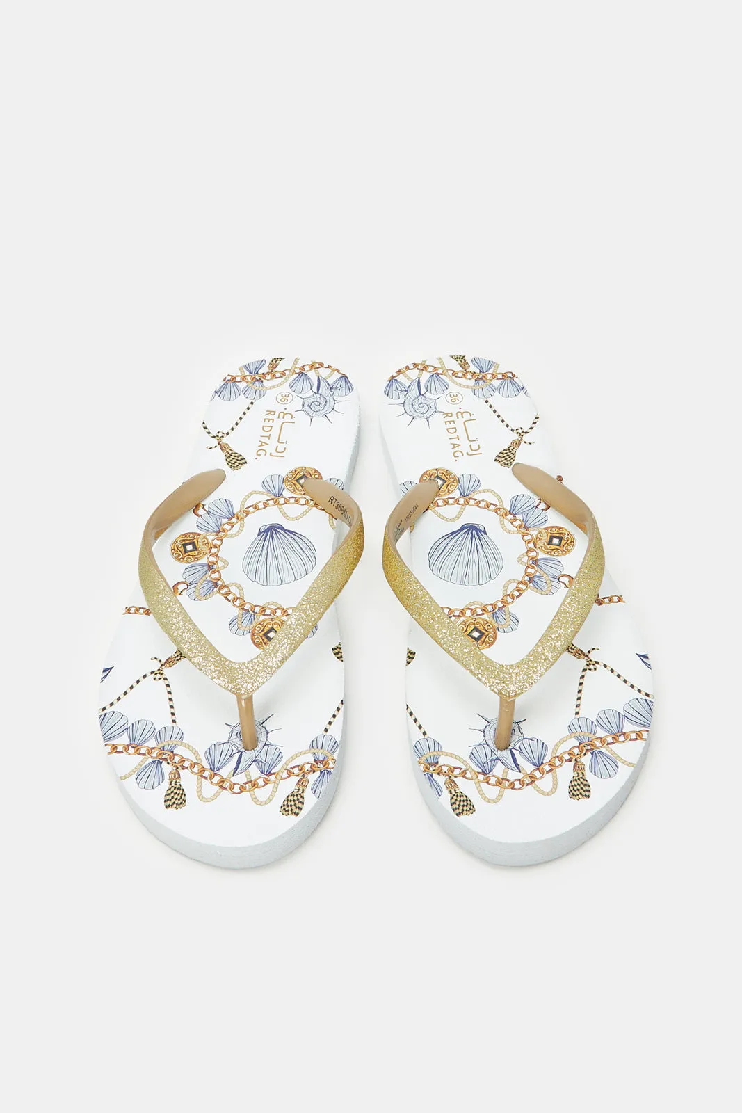 Women White And Gold Printed Flip Flops