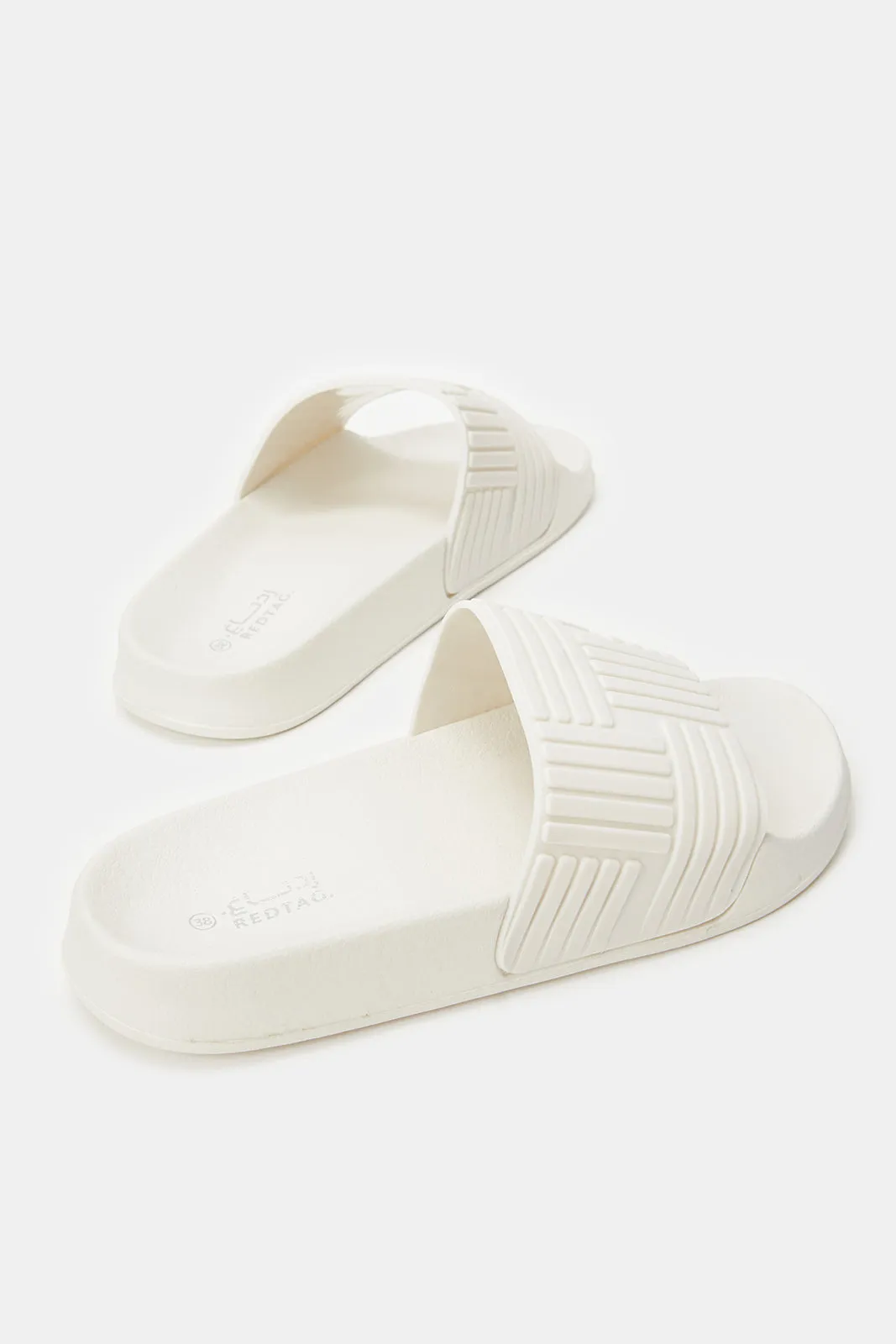 Women White Embossed Slides