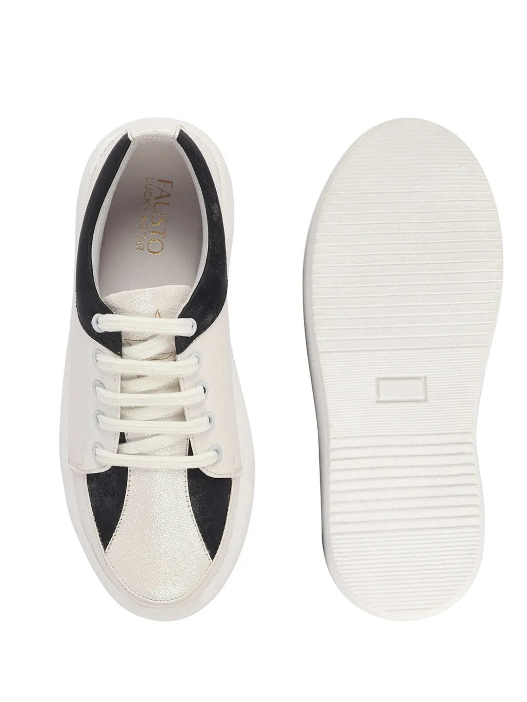 Women White Lightweight Height Enhancer Chunky Lace-Up Sneakers|Memory Cushion Insole|Evening Party Shoe