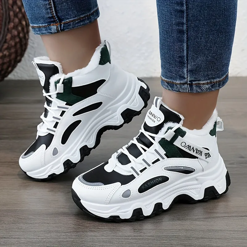 Women's Casual Sneakers, Color-block Thick Sole Chunky Sneakers, Warm Plush Lined Anti-slip Running Shoes