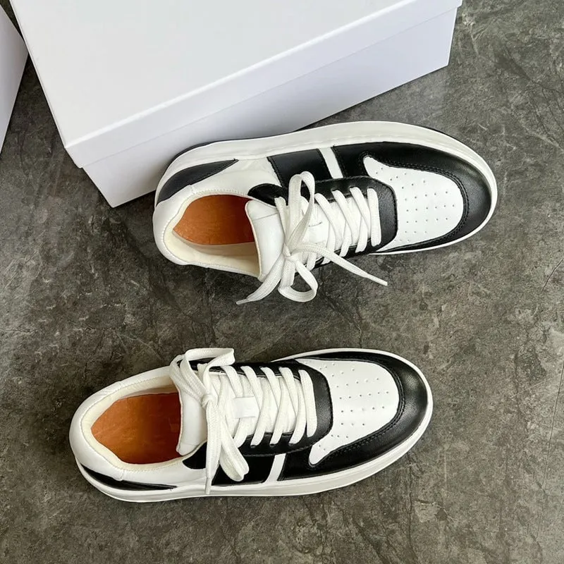 Women's Mid-Heel Chunky Leather Lace-Up Flat Sneakers for Spring/Summer/Autumn