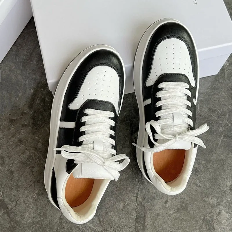 Women's Mid-Heel Chunky Leather Lace-Up Flat Sneakers for Spring/Summer/Autumn